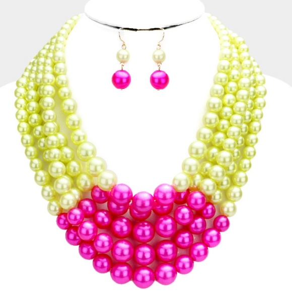 Multi Layered Pink Green Pearl Necklace Set Two Tone Earrings Statement Jewelry - Picture 4 of 4